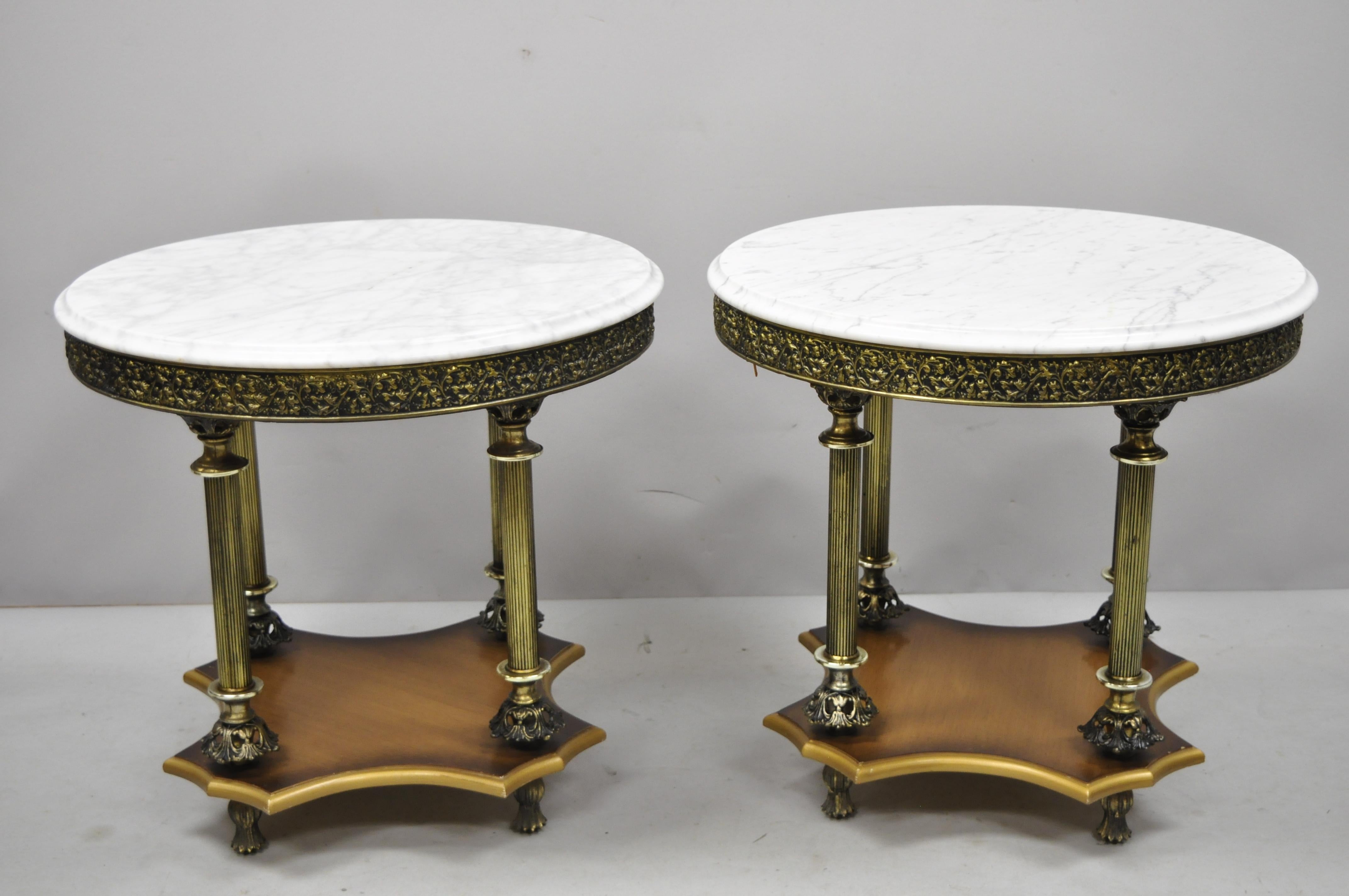 Pair of Vintage Italian Hollywood Regency Round White Marble-Top Side Tables 4