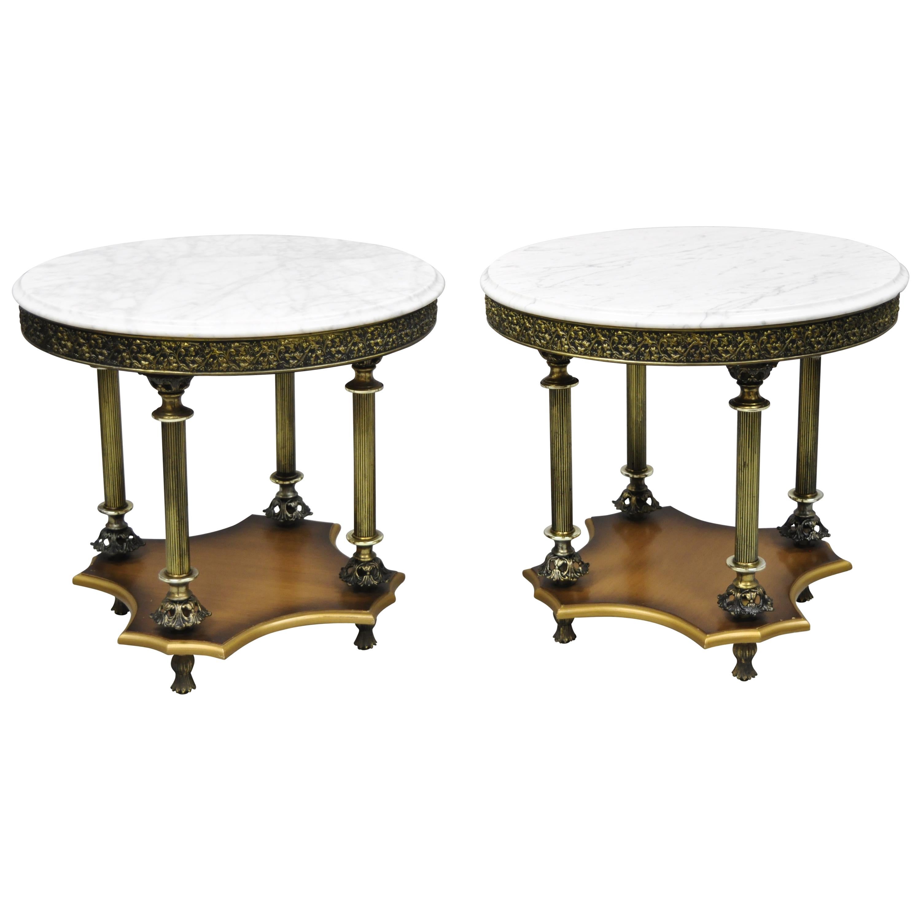 Pair of Vintage Italian Hollywood Regency Round White Marble-Top Side Tables