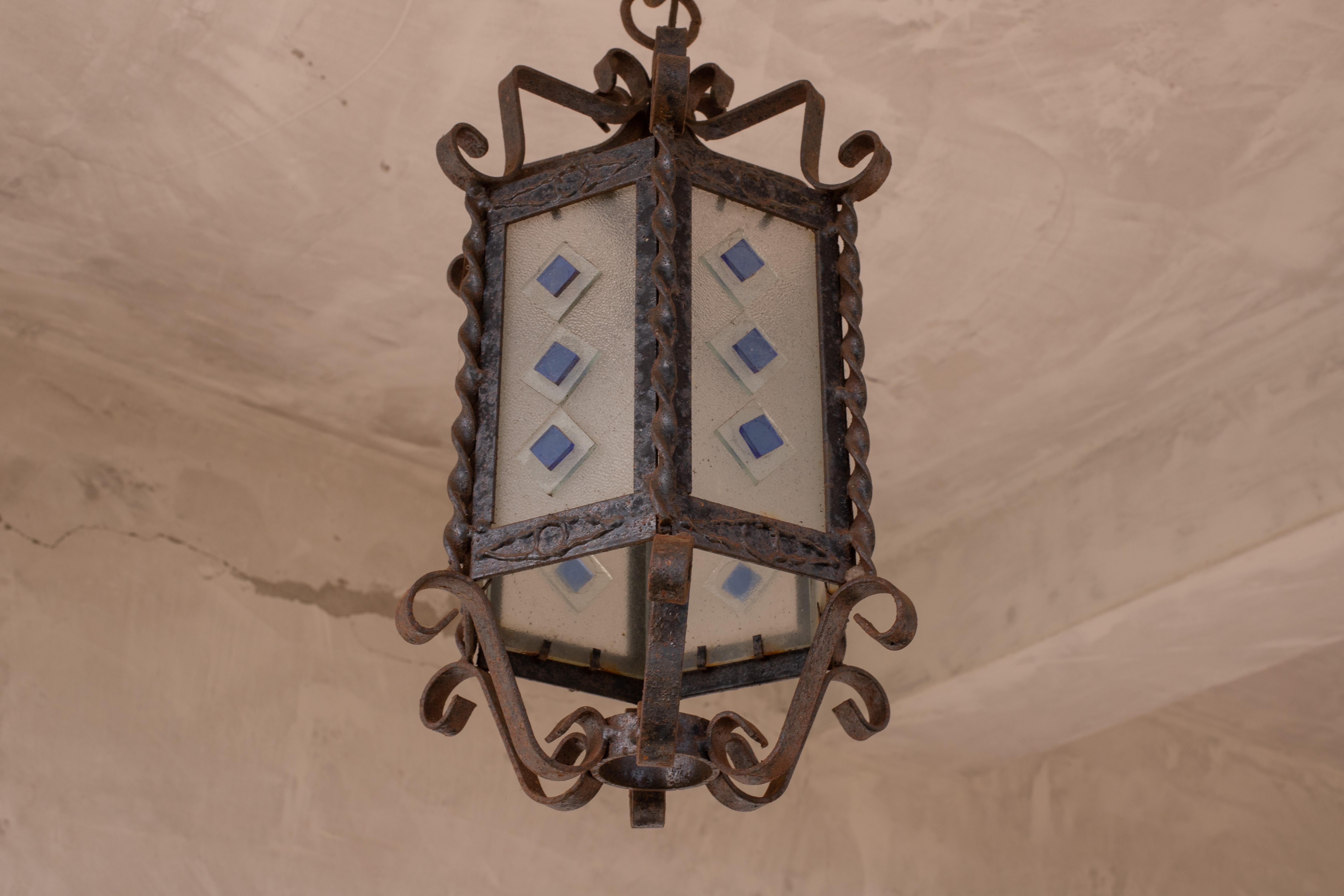 Pair of Vintage Italian Iron and Glass Lantern, 1960s In Fair Condition In Roma, IT