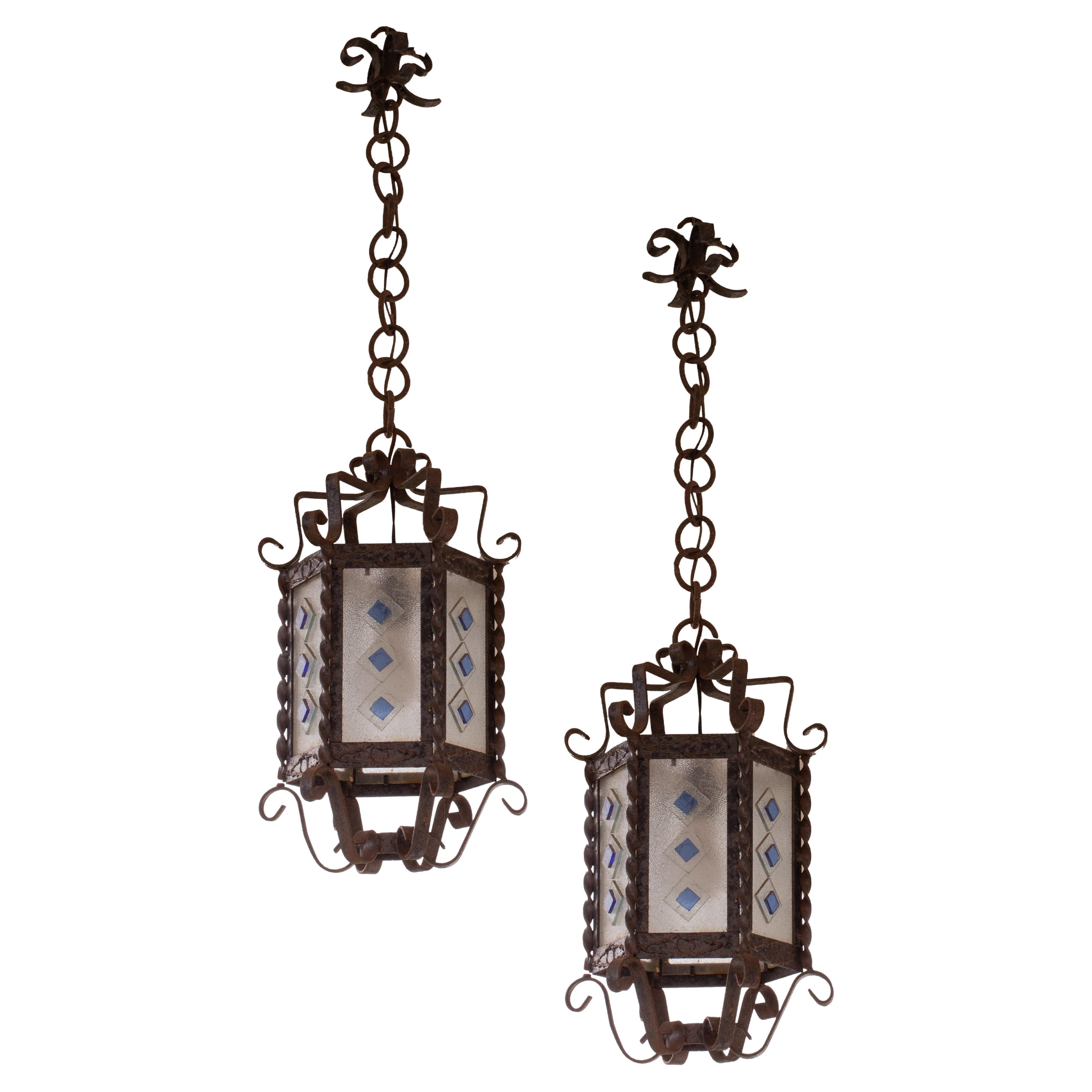 Pair of Vintage Italian Iron and Glass Lantern, 1960s