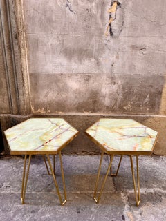 Pair of Vintage Italian Jade Green Onyx and Brass Tables, 1980