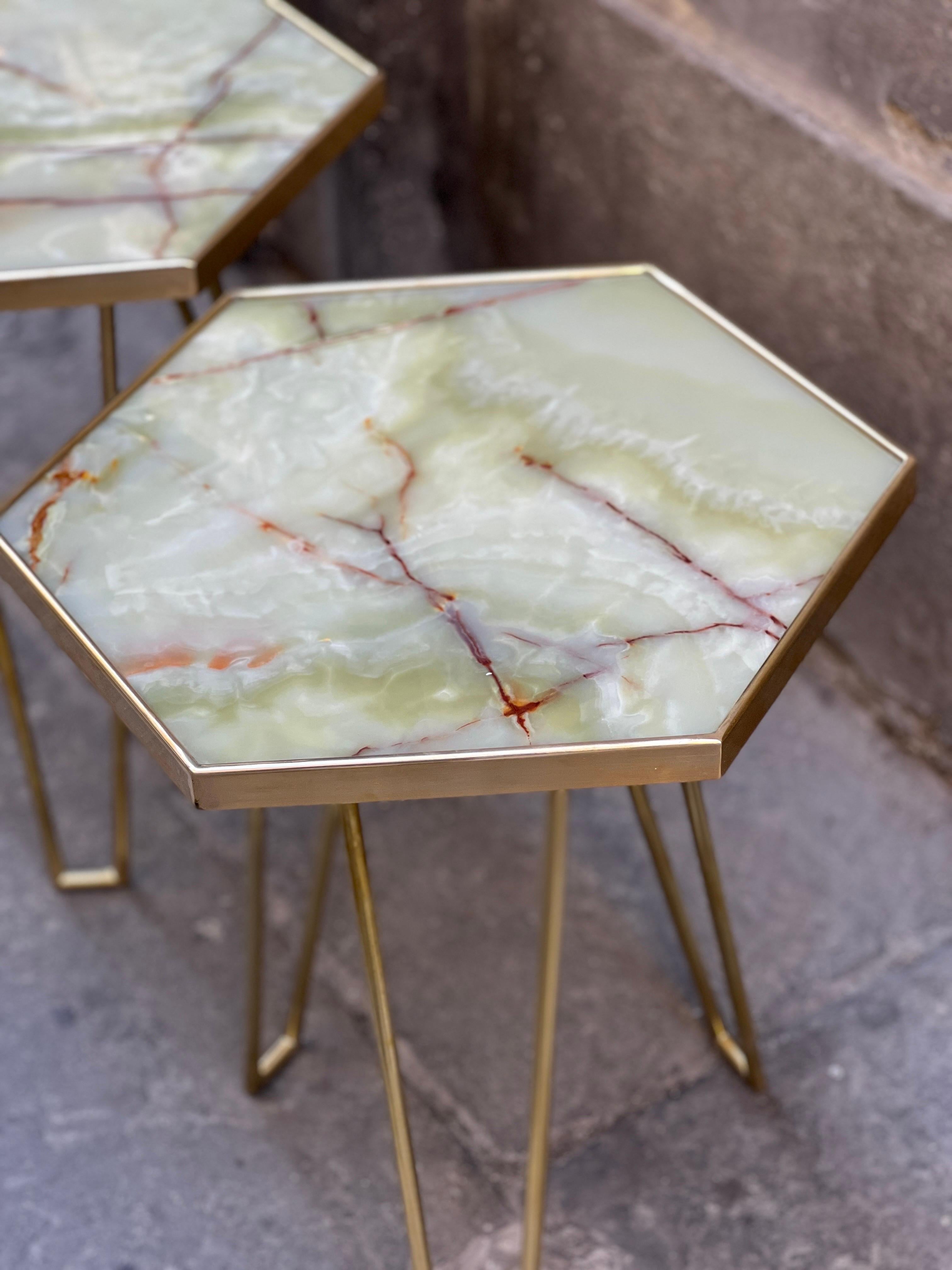 Modern Pair of Vintage Italian Jade Green Onyx and Brass Tables, 1980