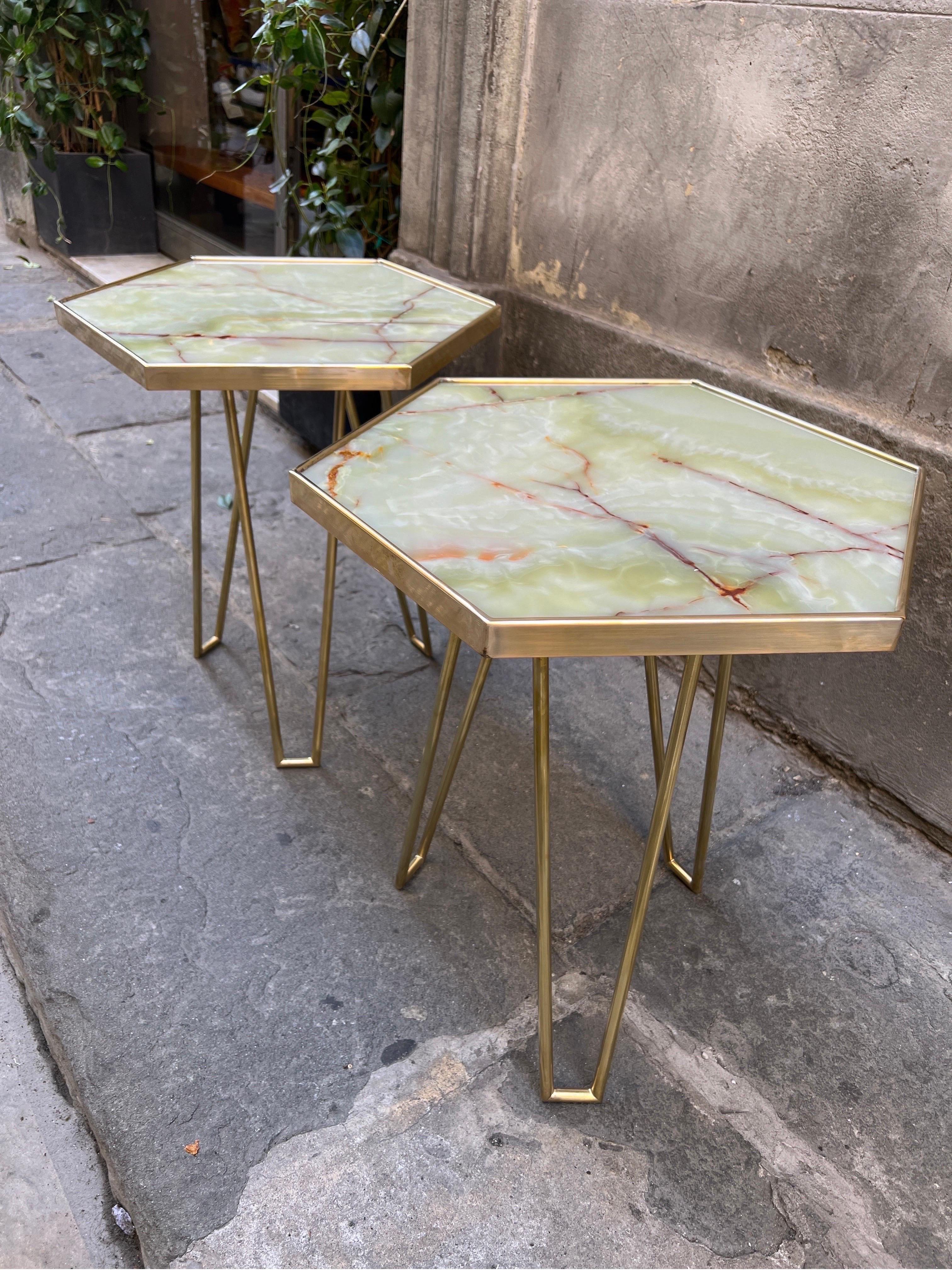 Pair of Vintage Italian Jade Green Onyx and Brass Tables, 1980 In Excellent Condition In Florence, IT