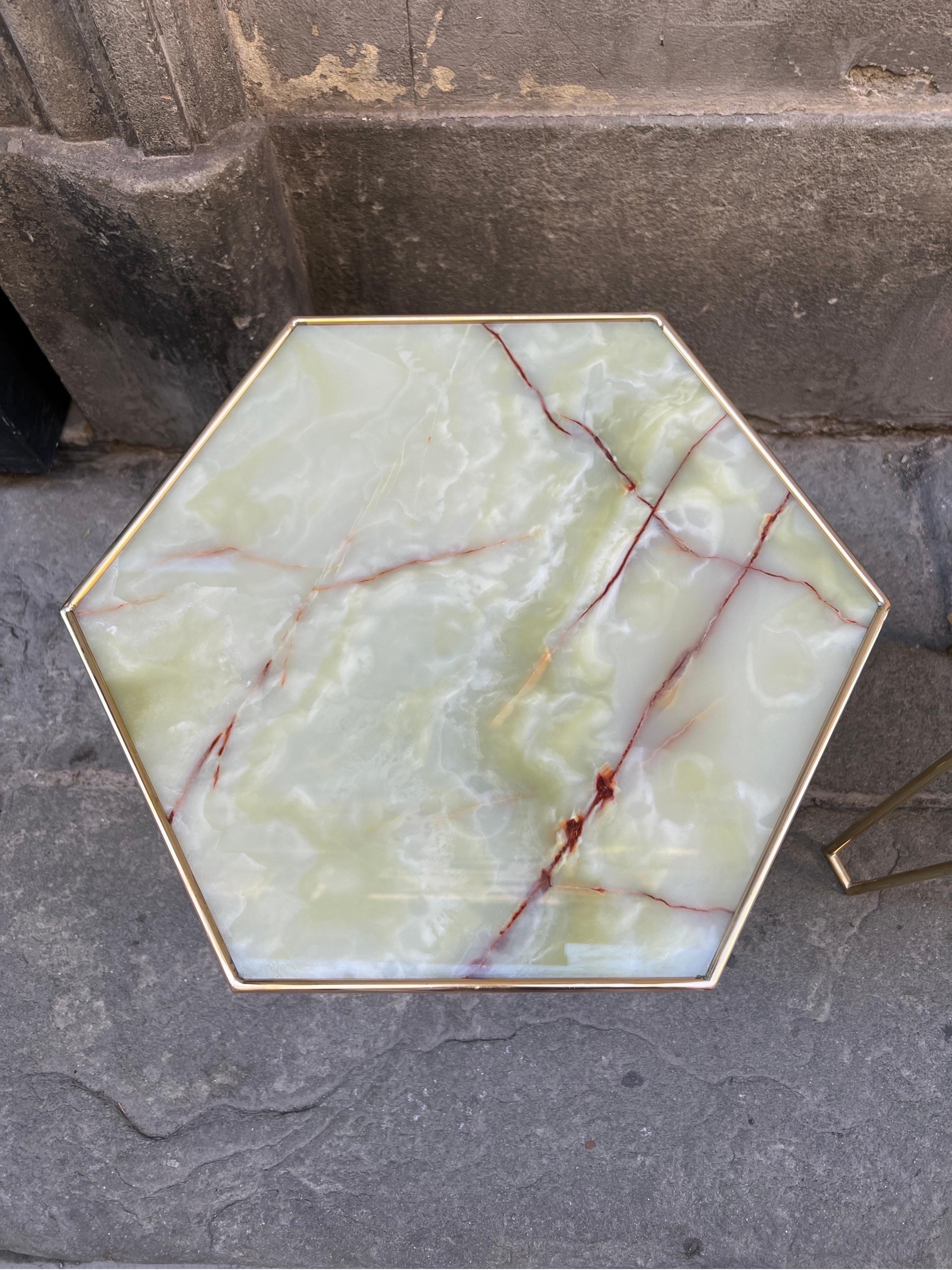 Late 20th Century Pair of Vintage Italian Jade Green Onyx and Brass Tables, 1980