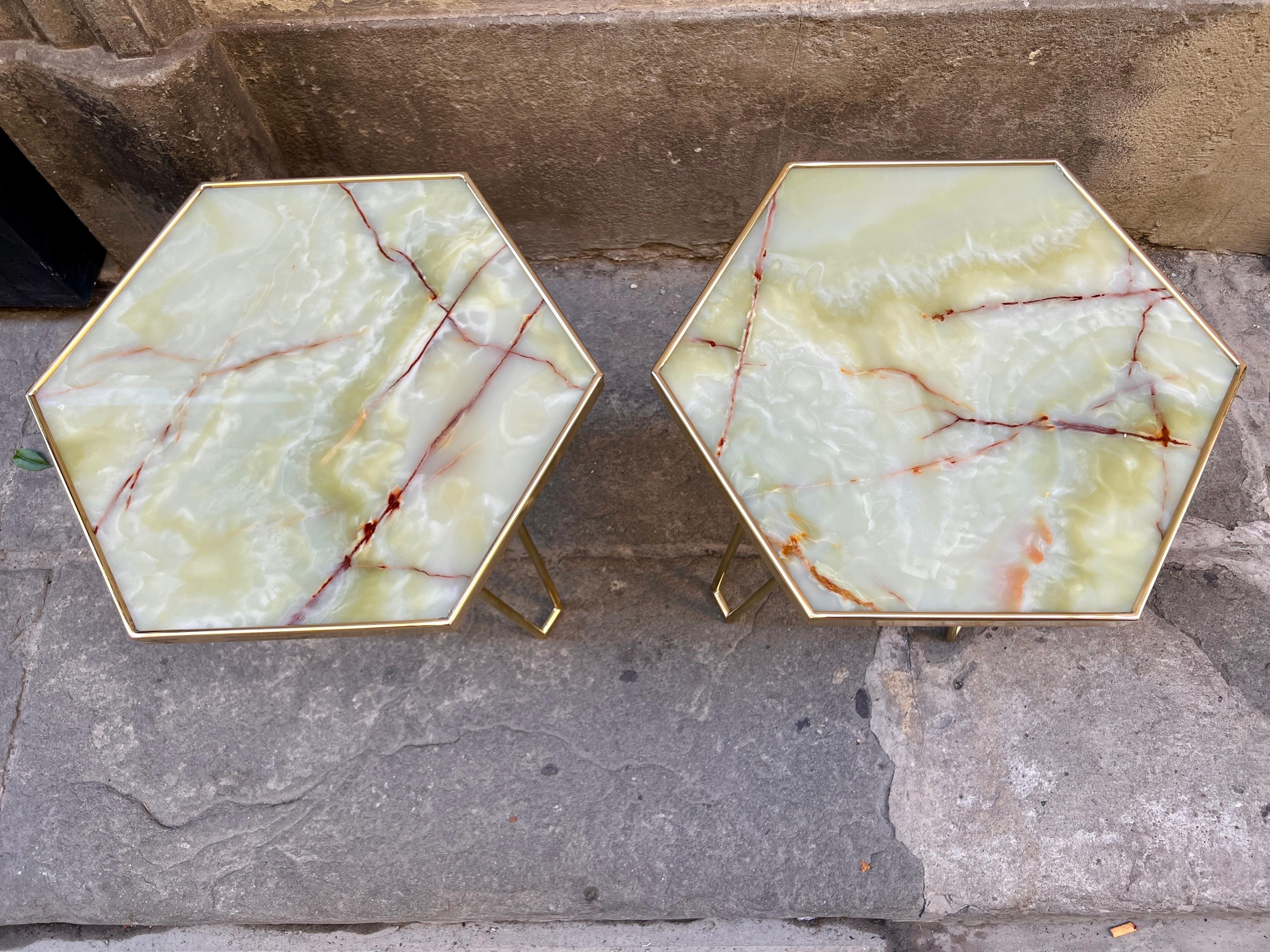 Pair of Vintage Italian Jade Green Onyx and Brass Tables, 1980 1