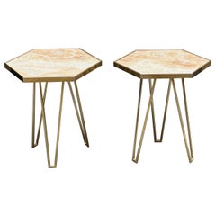 Pair of Vintage Italian Jade Green Onyx and Brass Tables, 1980