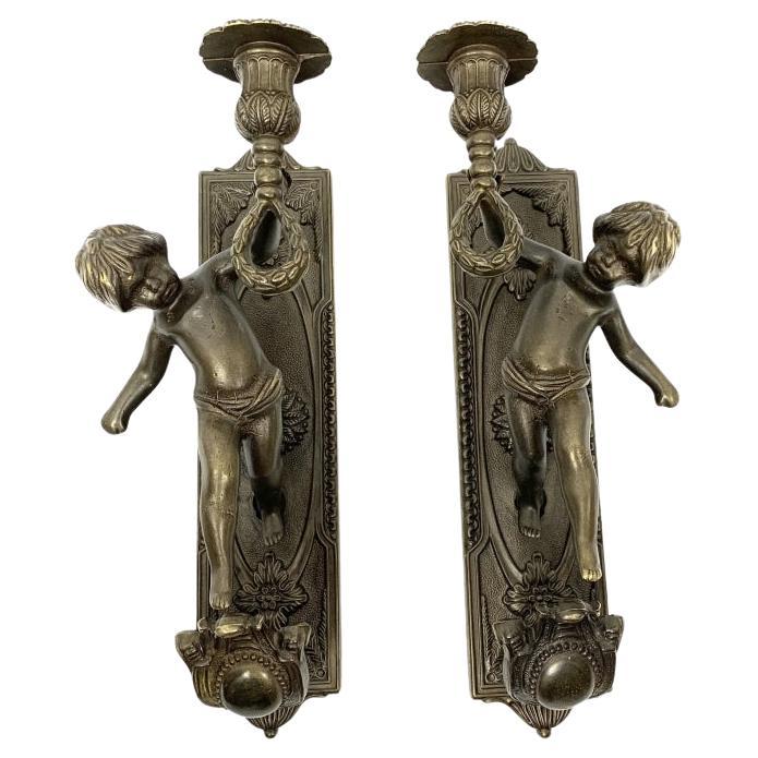 Pair Of Vintage Italian Lancini Bronze Cherub Candle Sconces