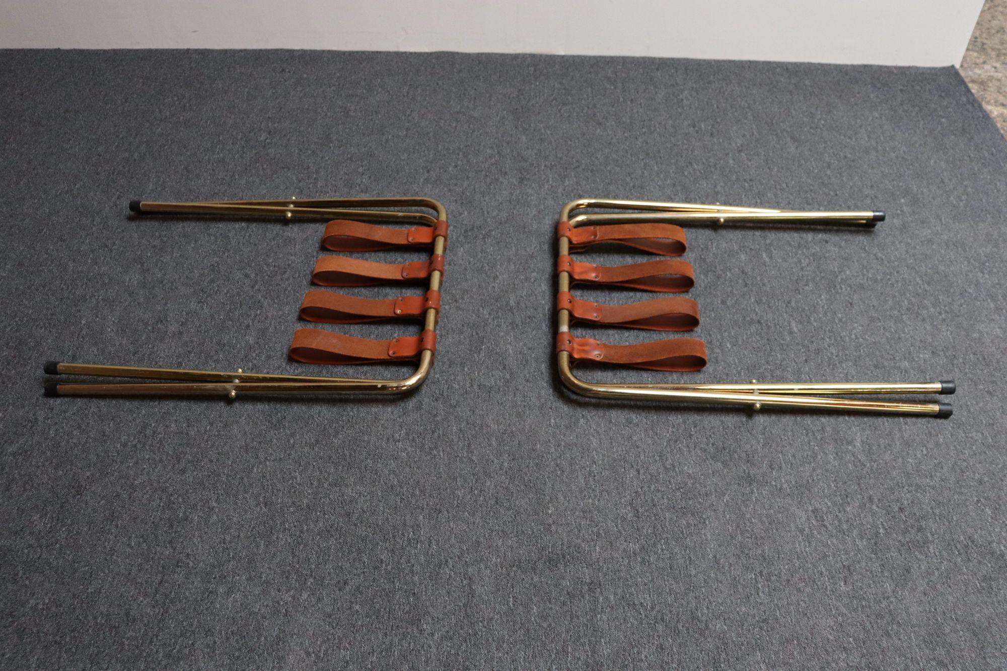 Pair of Vintage Italian Leather and Brass Foldable Portavaligie / Luggage Stands For Sale 5
