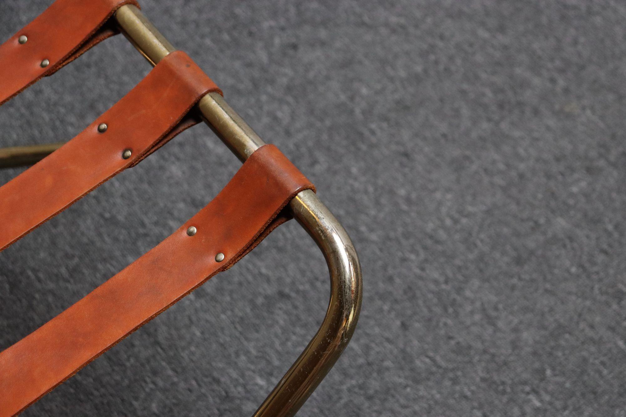 Pair of Vintage Italian Leather and Brass Foldable Portavaligie / Luggage Stands For Sale 7