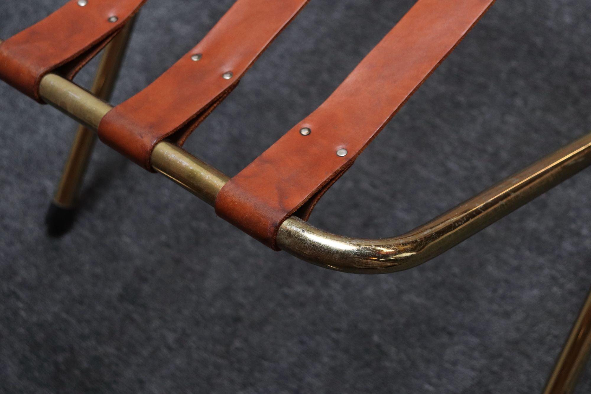Pair of Vintage Italian Leather and Brass Foldable Portavaligie / Luggage Stands For Sale 9