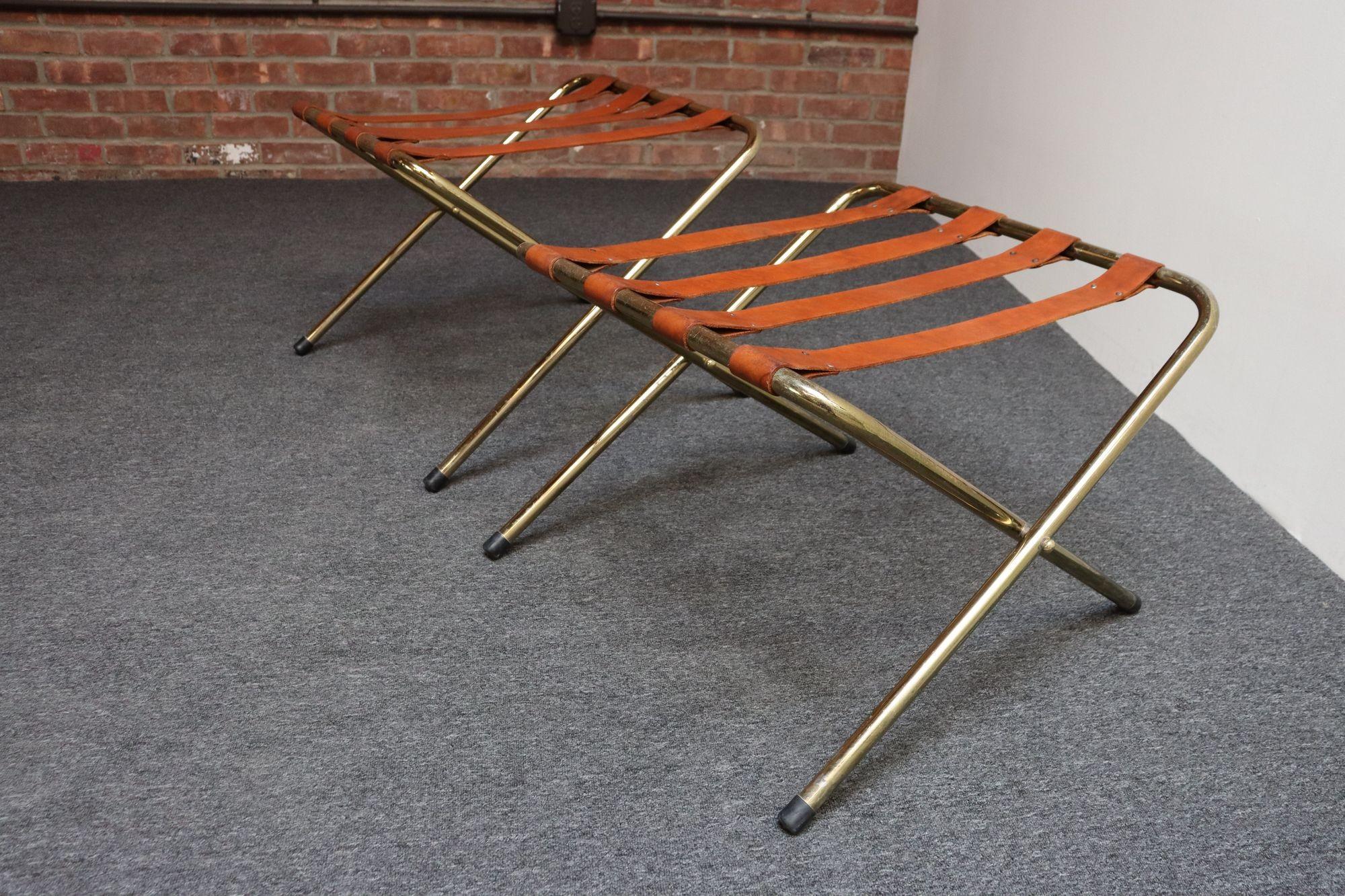 Mid-Century Modern Pair of Vintage Italian Leather and Brass Foldable Portavaligie / Luggage Stands For Sale