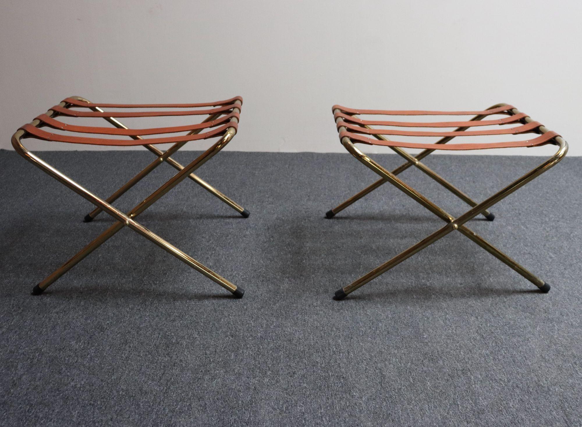 Pair of Vintage Italian Leather and Brass Foldable Portavaligie / Luggage Stands For Sale 1