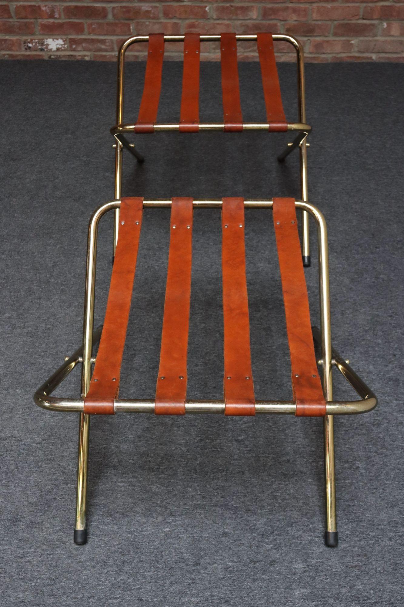 Pair of Vintage Italian Leather and Brass Foldable Portavaligie / Luggage Stands For Sale 2