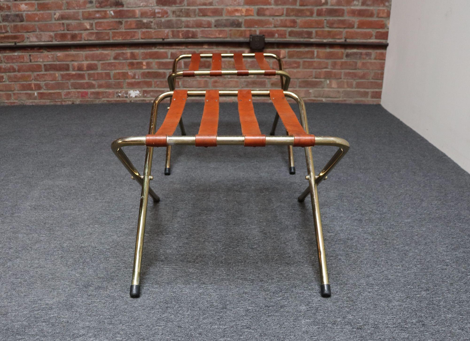 Pair of Vintage Italian Leather and Brass Foldable Portavaligie / Luggage Stands For Sale 3