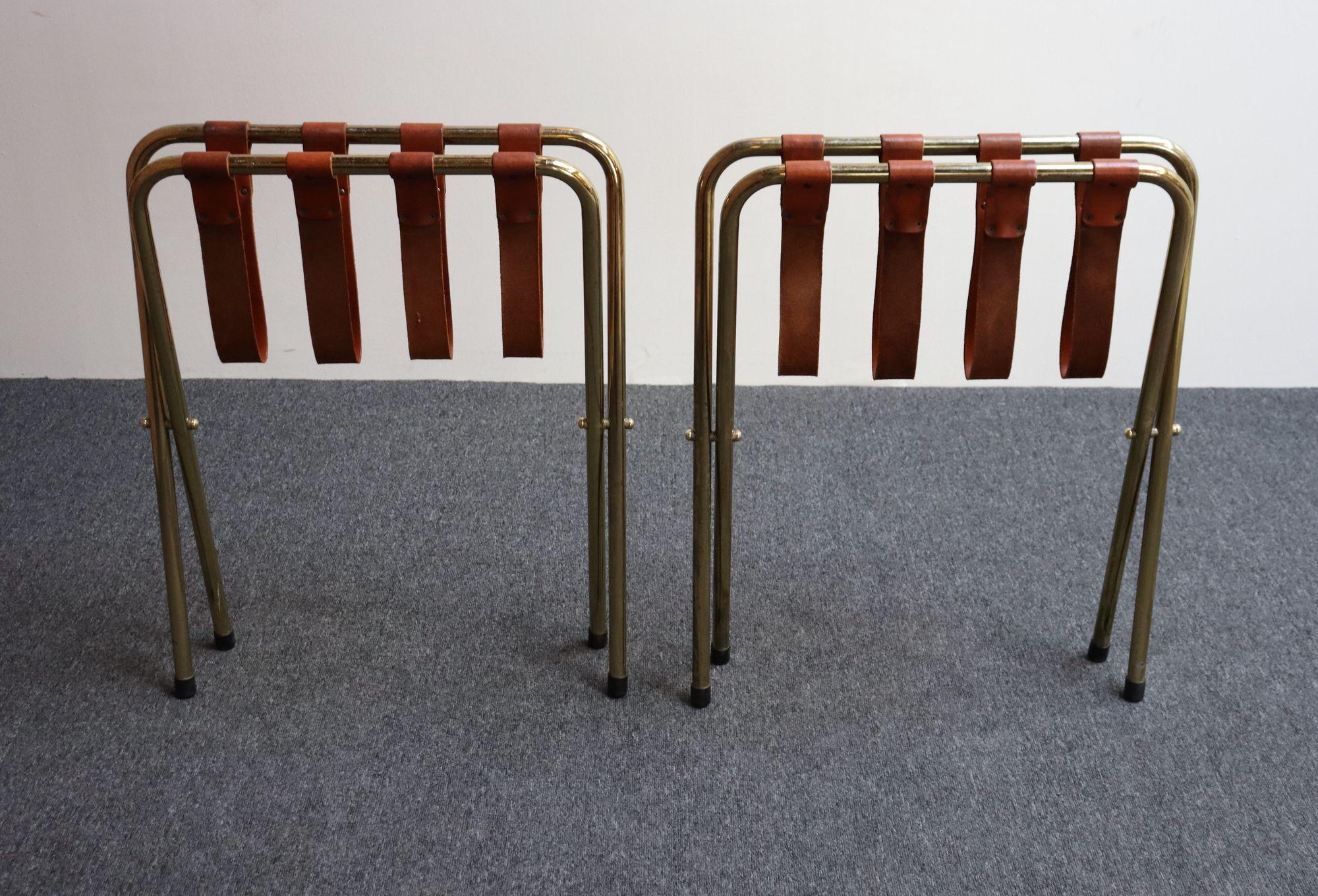 Pair of Vintage Italian Leather and Brass Foldable Portavaligie / Luggage Stands For Sale 4