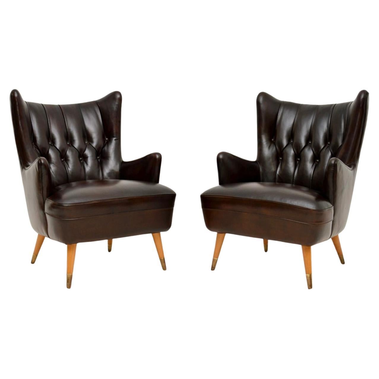 Pair of Vintage Italian Leather Wing Back Armchairs For Sale