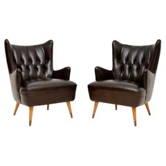 Pair of Vintage Italian Leather Wing Back Armchairs