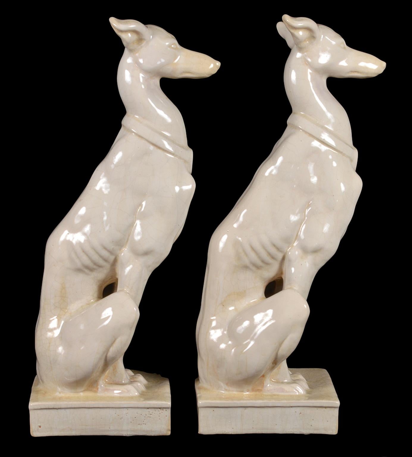Pair of Vintage Italian Life Size Glazed Terracotta Grayhound Dogs or Whippets 1