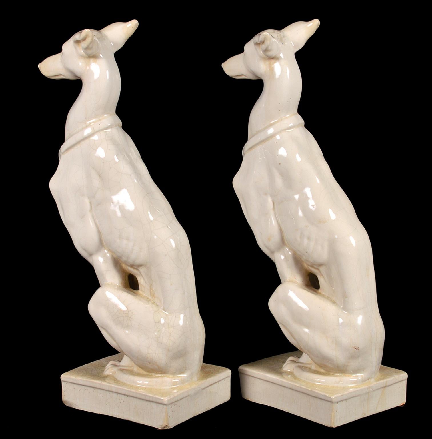 Pair of Vintage Italian Life Size Glazed Terracotta Grayhound Dogs or Whippets 2