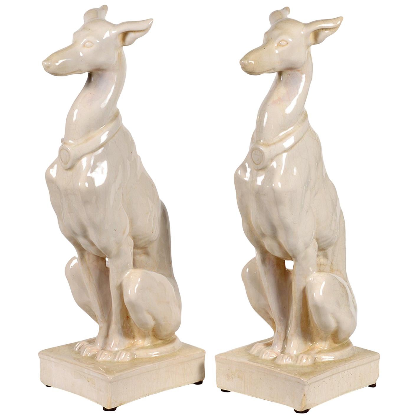 Pair of Vintage Italian Life Size Glazed Terracotta Grayhound Dogs or Whippets
