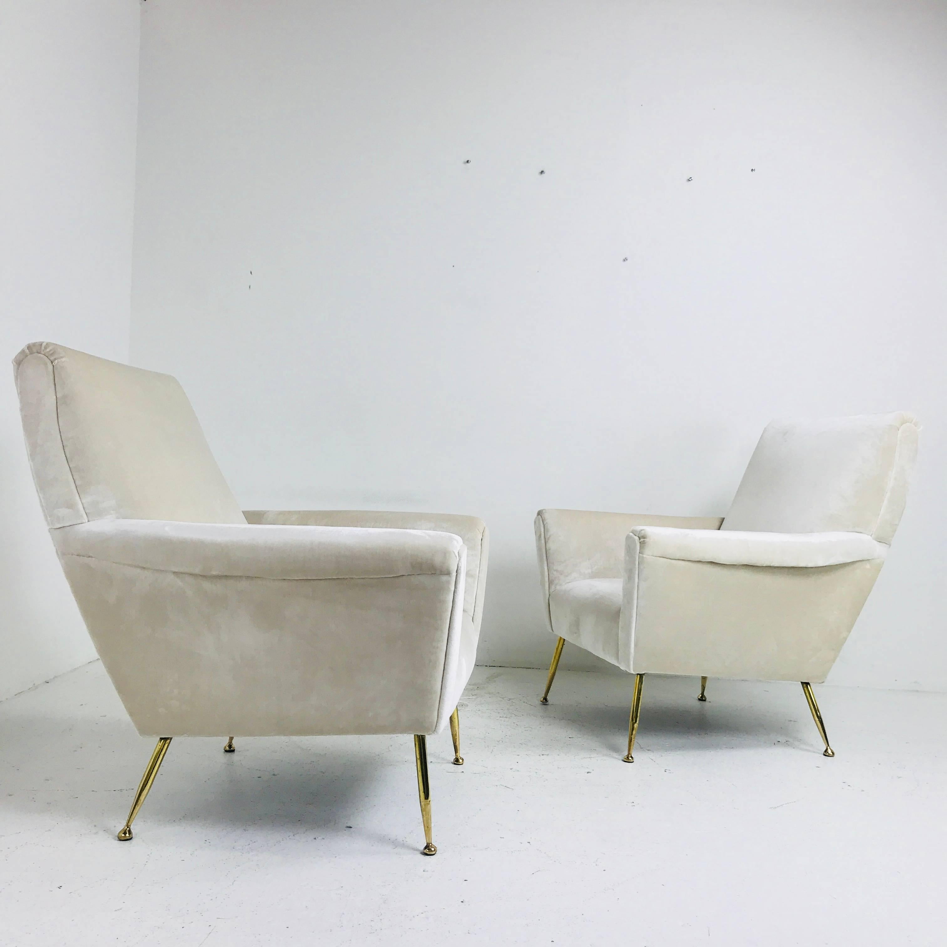 Plated Pair of Vintage Italian Lounge Chairs with Brass Legs