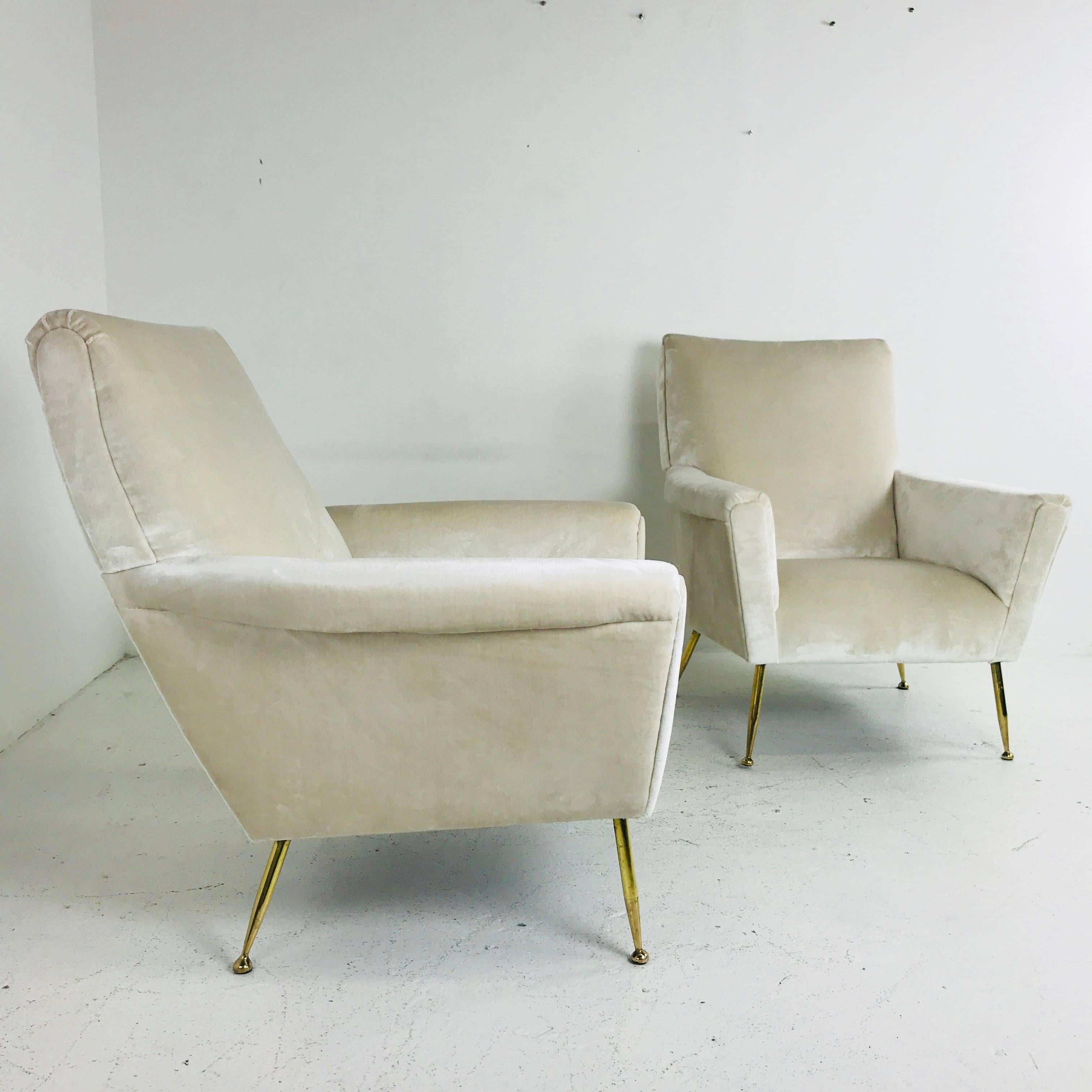 20th Century Pair of Vintage Italian Lounge Chairs with Brass Legs