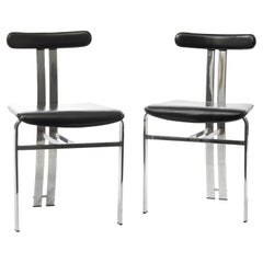 Pair of vintage Italian made dining chairs in chromed metal and black leather