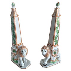 Pair of Vintage Italian Majolica Renaissance Revival Obelisks with Lions