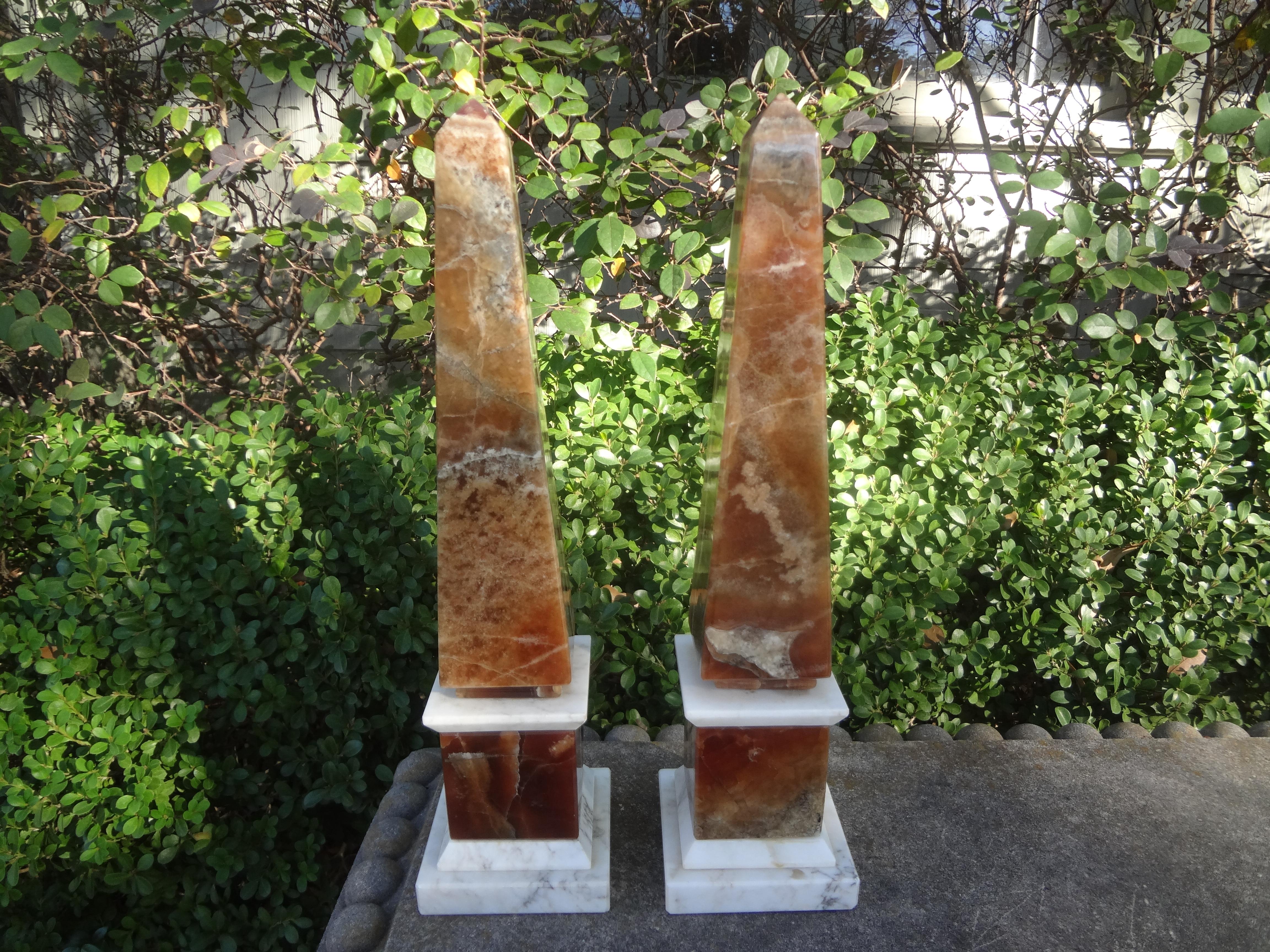 Pair Of Vintage Italian Marble Obelisks.
Stunning pair of Italian Neoclassical style obelisks made of an interesting combination of brown and white marble.