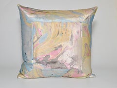 Pair of Vintage Italian Marbled Satin Blue Green Yellow Pillows with Irish Linen