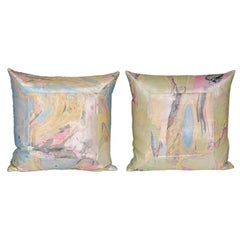 Pair of Vintage Italian Marbled Satin Blue Green Yellow Pillows with Irish Linen