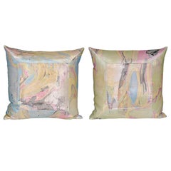 Pair of Vintage Italian Marble Satin Blue Green Yellow Pillows with Irish Linen