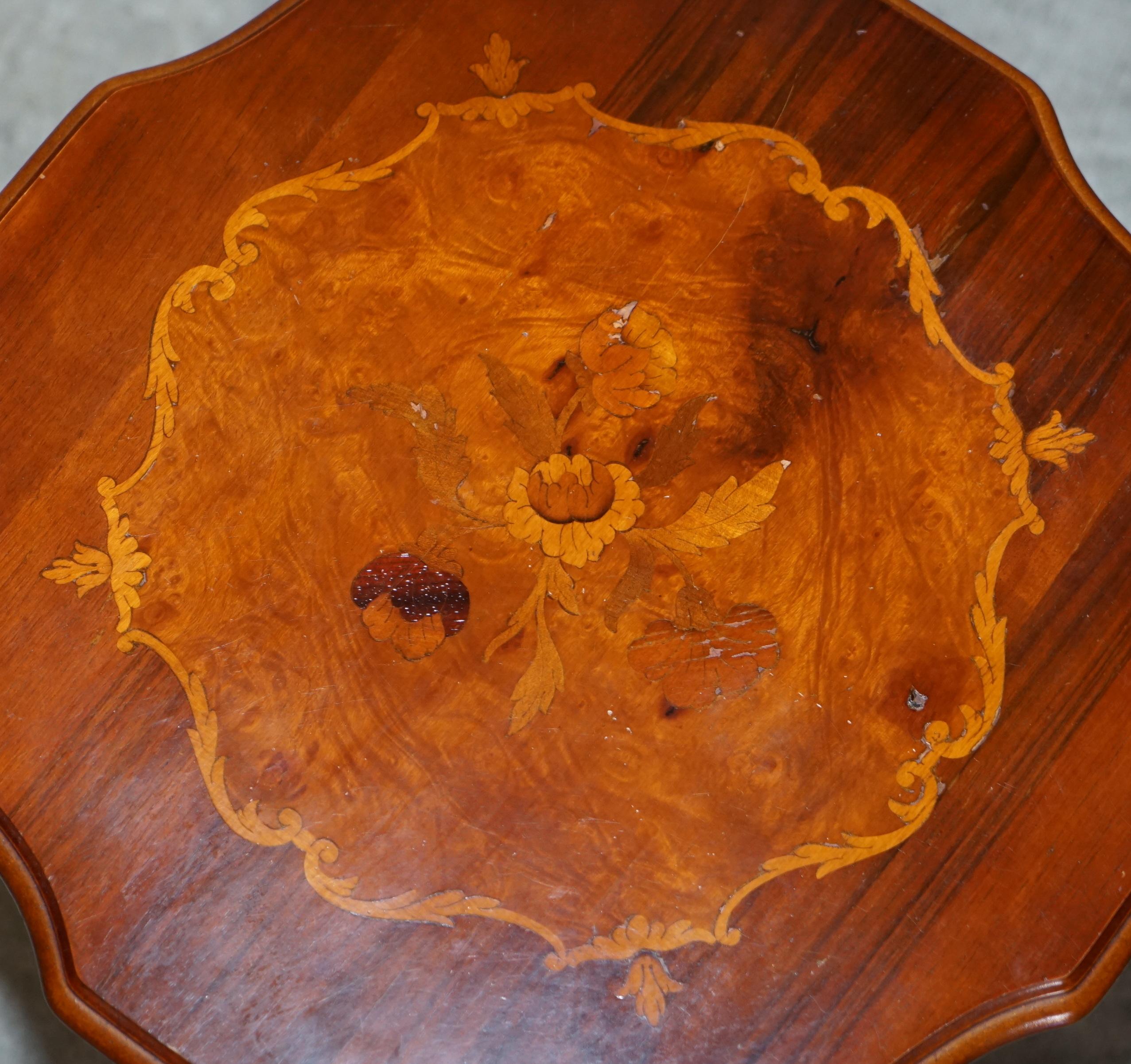 Pair of Vintage Italian Marquetry Inlaid Burr Walnut & Hardwood Side End Tables For Sale 7