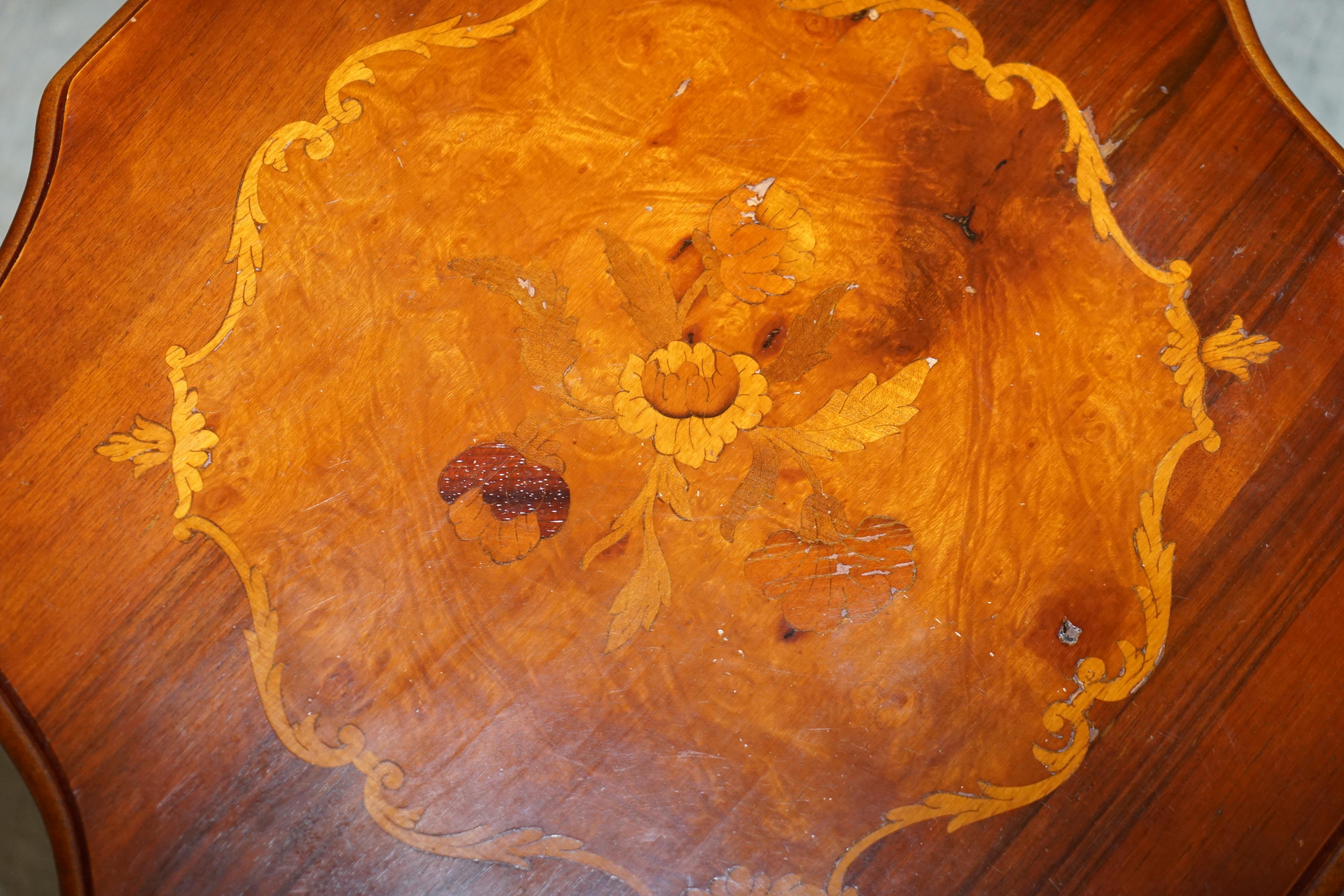 Pair of Vintage Italian Marquetry Inlaid Burr Walnut & Hardwood Side End Tables For Sale 8