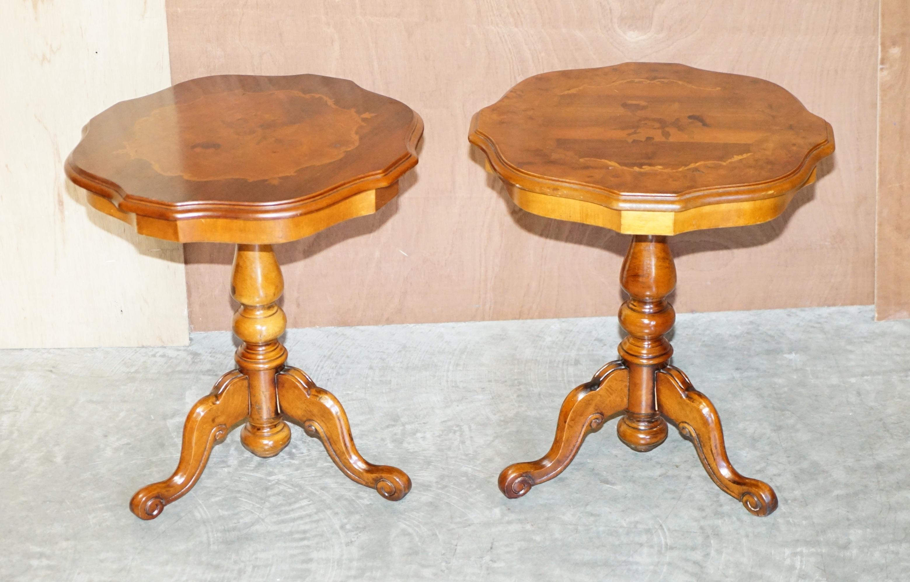 We are delighted to offer for sale this pair of vintage Italian Marquetry inlaid burr walnut and mahogany side tables 

A good looking and decorative pair, each top is inlaid with floral decorations, one table has a burr walnut boarder, the other