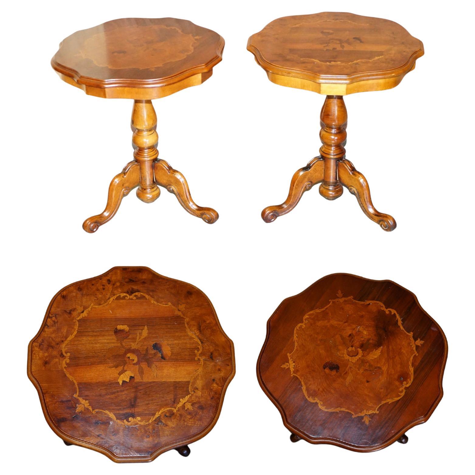 Pair of Vintage Italian Marquetry Inlaid Burr Walnut & Hardwood Side End Tables For Sale