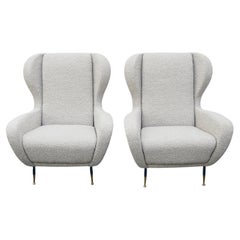 Pair of Vintage Italian Mid-Century Lounge Chairs Upholstered in Grey Boucle