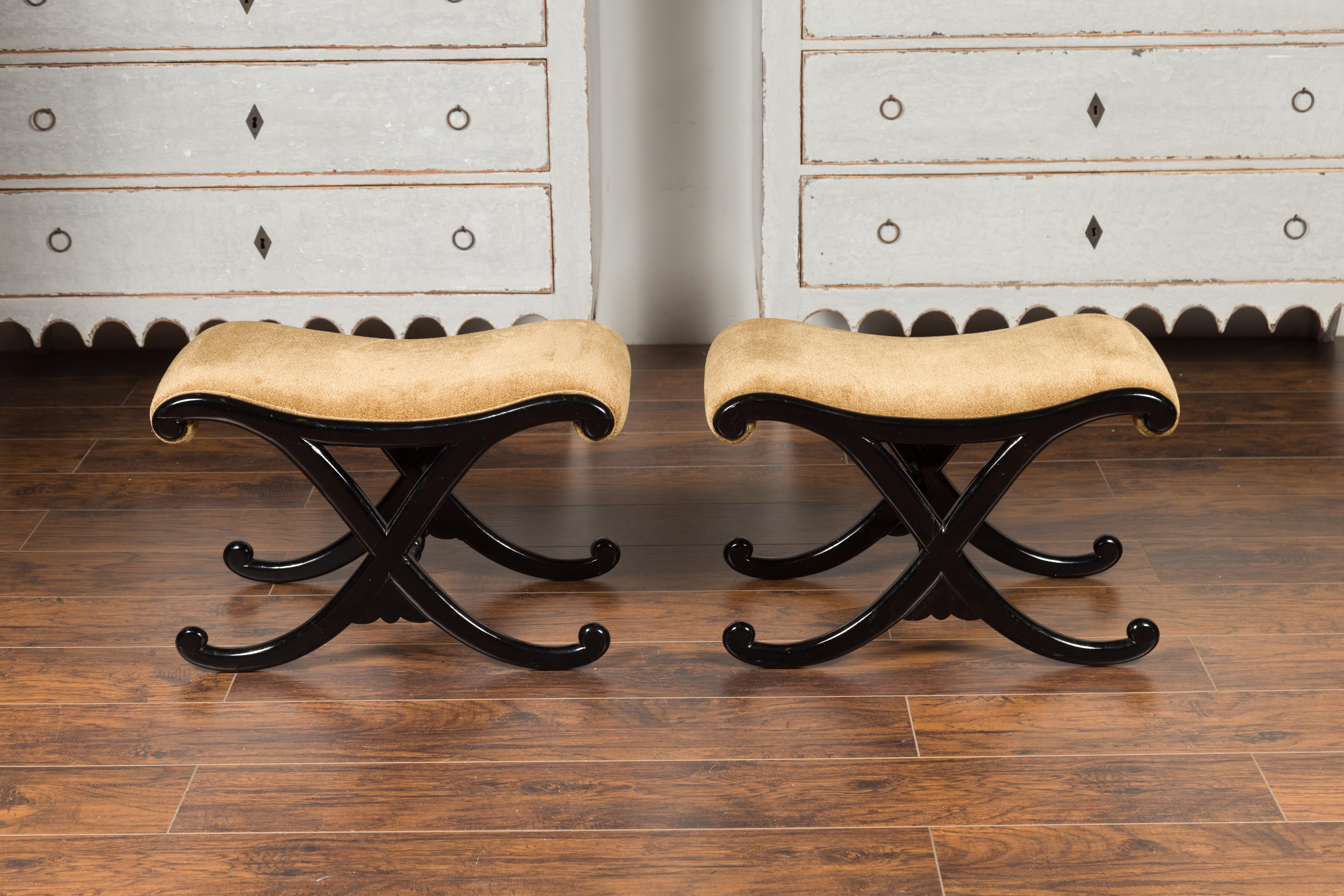 Pair of Vintage Italian Midcentury Ebonized Wood X-Form Stools with Upholstery 5