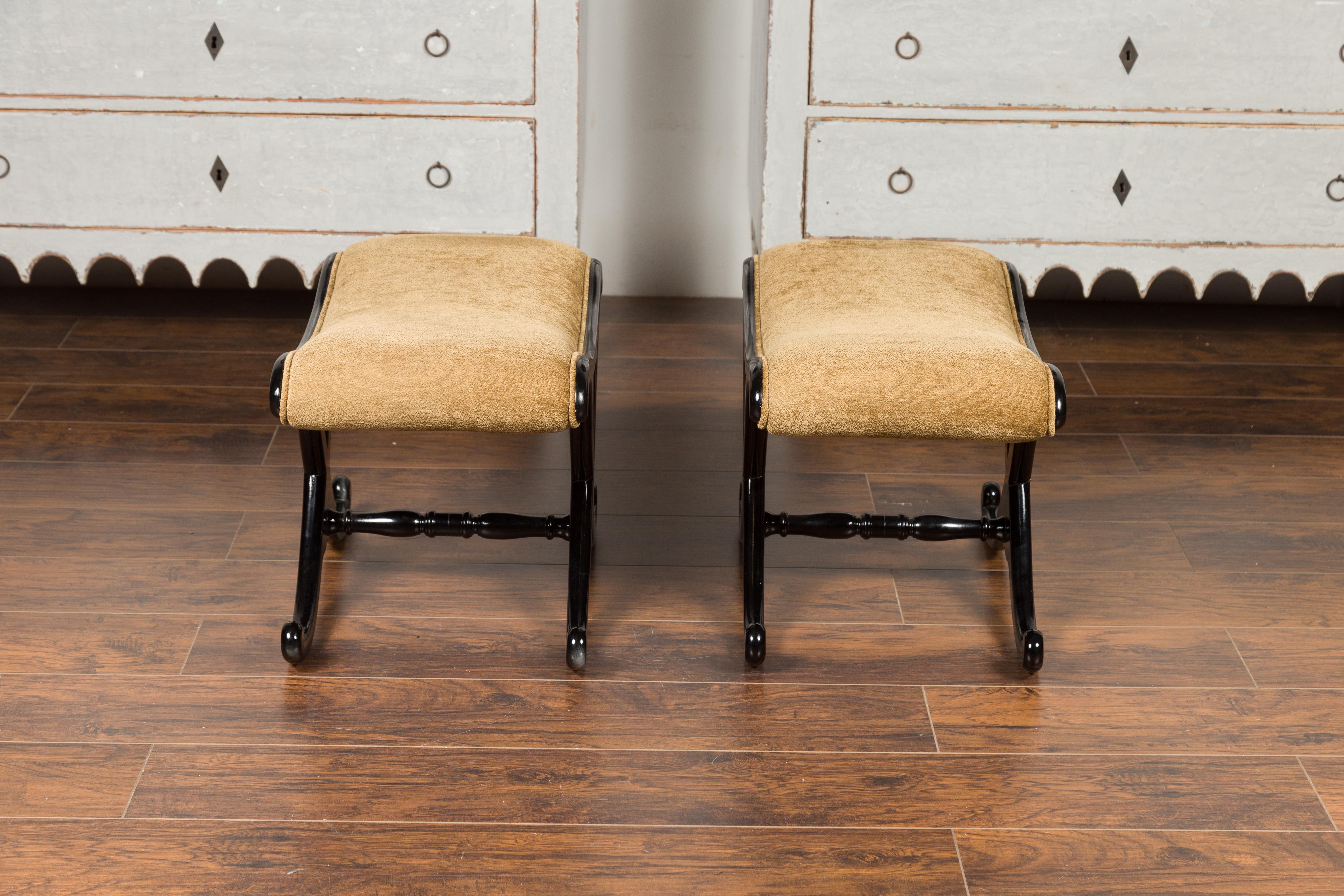 Pair of Vintage Italian Midcentury Ebonized Wood X-Form Stools with Upholstery 6