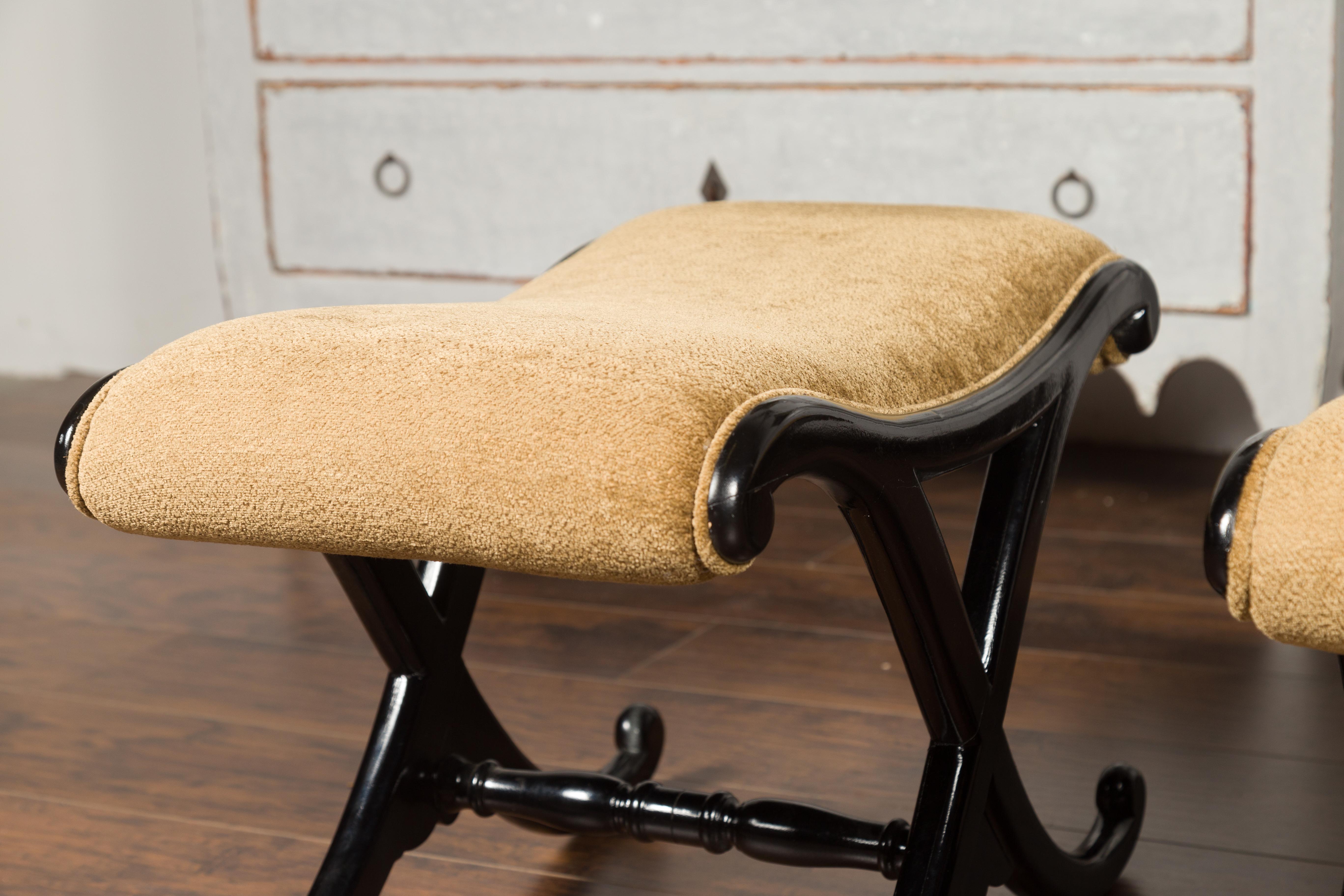 Pair of Vintage Italian Midcentury Ebonized Wood X-Form Stools with Upholstery 7