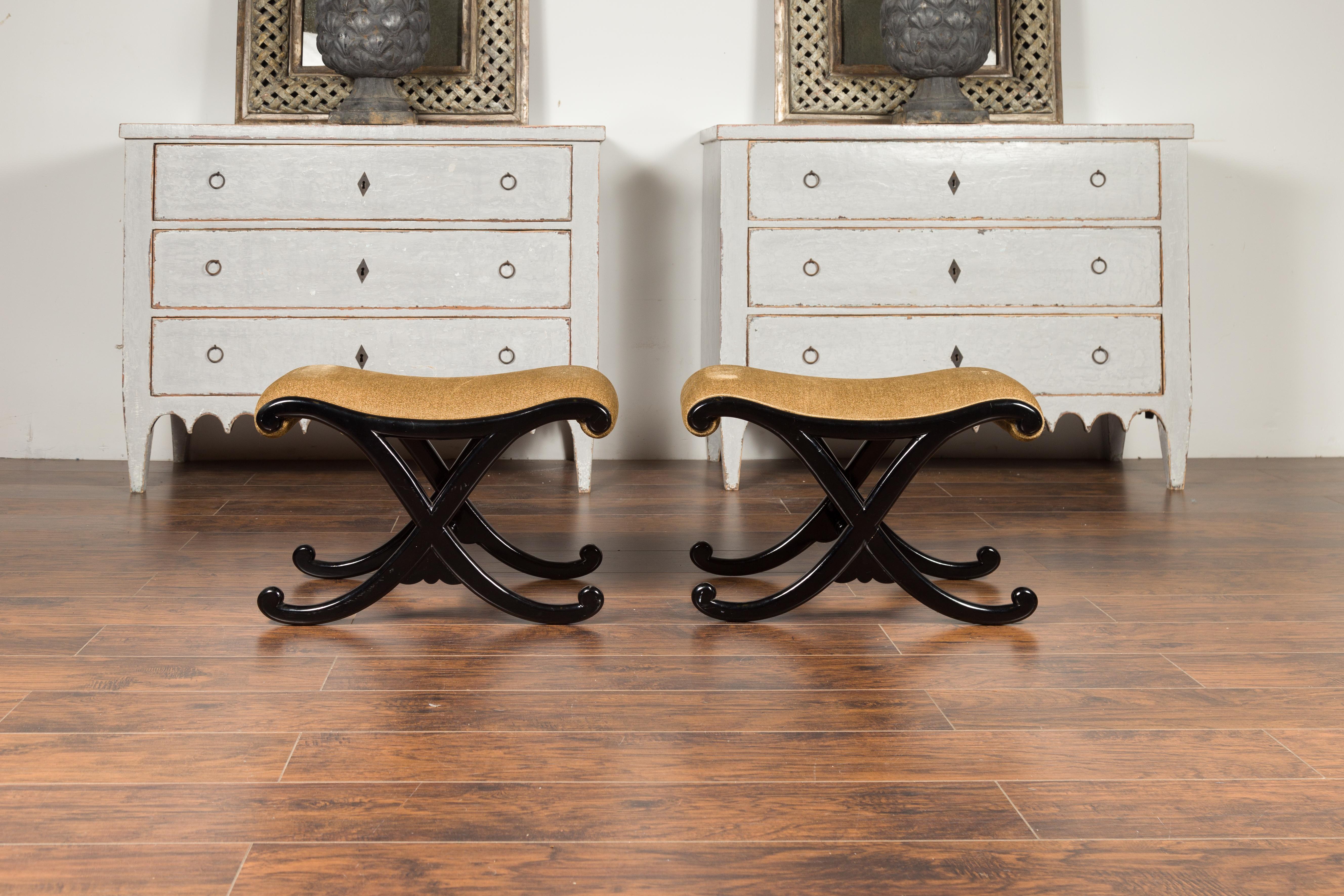 Pair of Vintage Italian Midcentury Ebonized Wood X-Form Stools with Upholstery 11