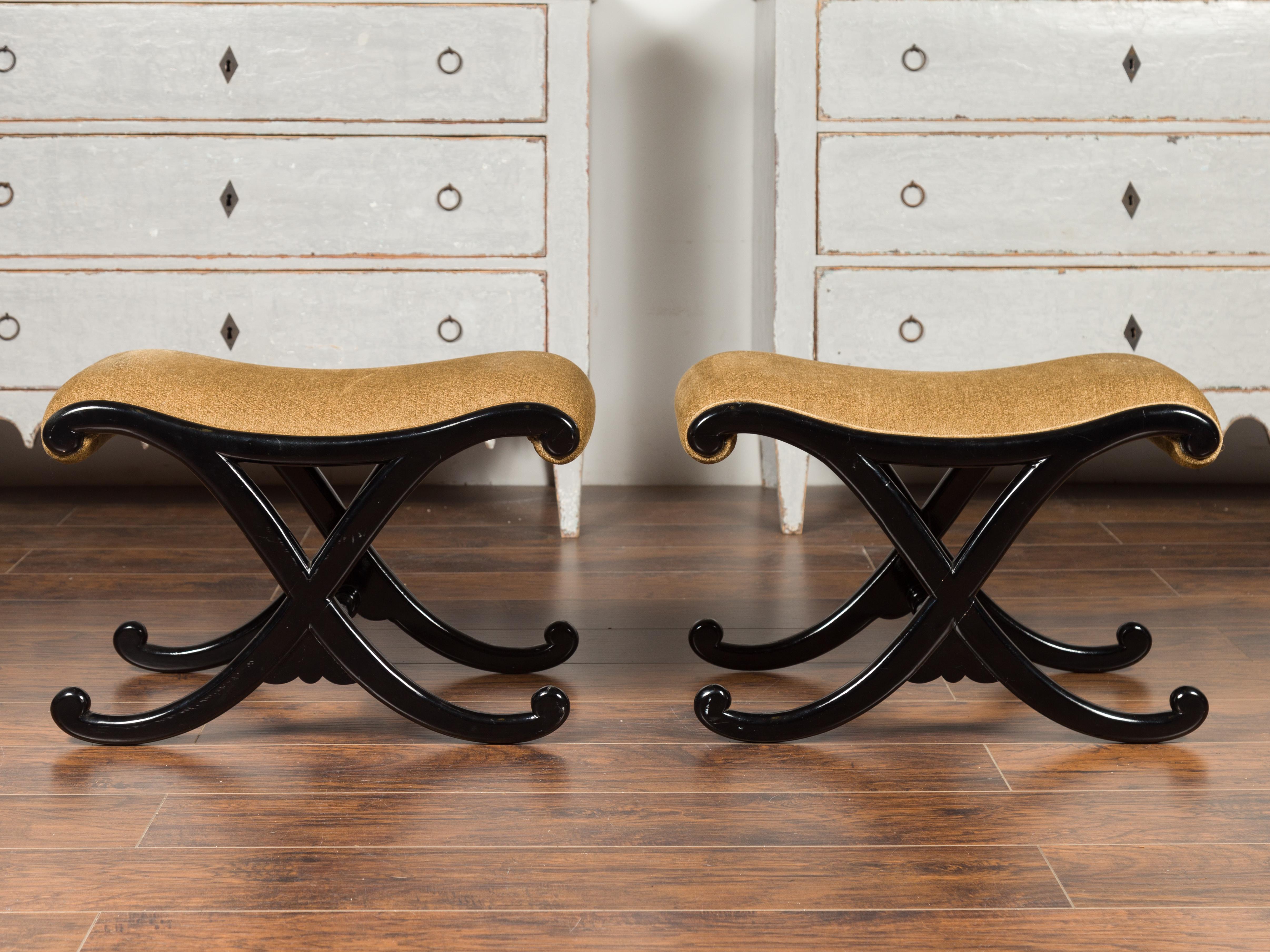Mid-Century Modern Pair of Vintage Italian Midcentury Ebonized Wood X-Form Stools with Upholstery
