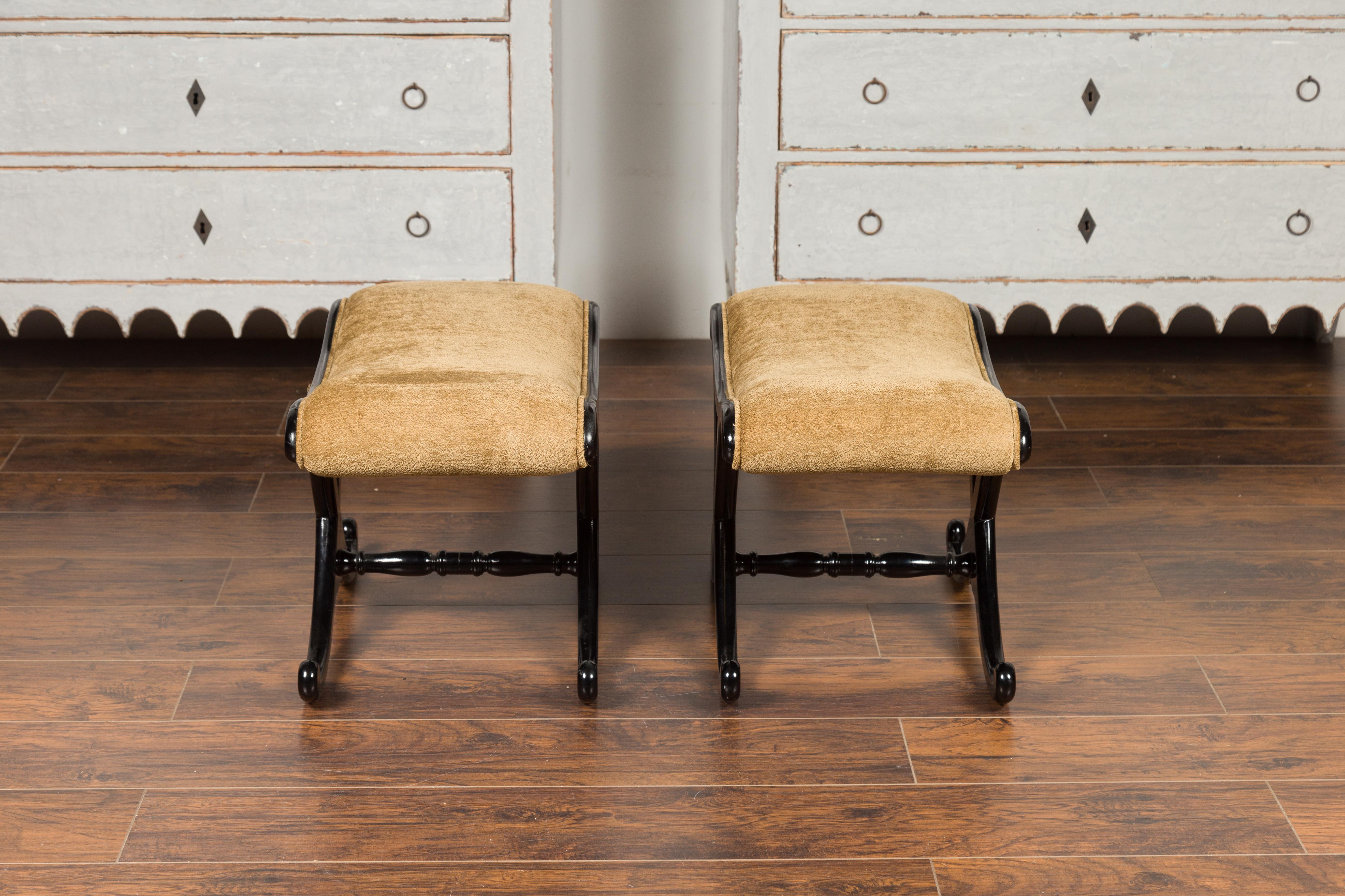 Pair of Vintage Italian Midcentury Ebonized Wood X-Form Stools with Upholstery 4