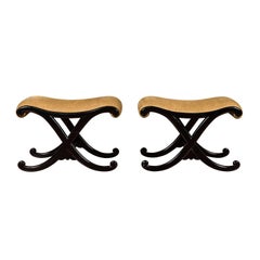 Pair of Vintage Italian Midcentury Ebonized Wood X-Form Stools with Upholstery