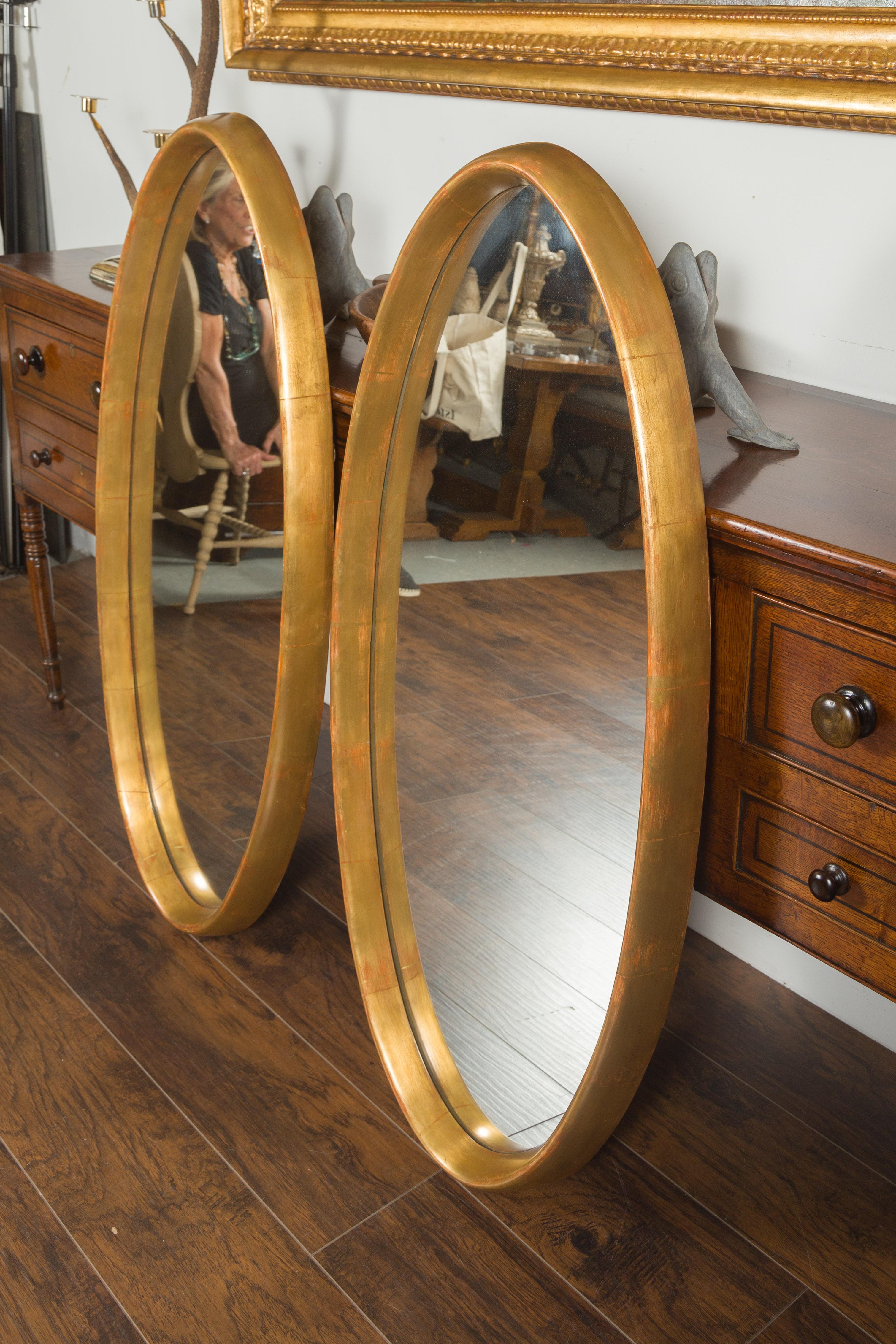 Pair of Vintage Italian Midcentury Tall Giltwood Oval Mirrors with Clean Lines For Sale 2