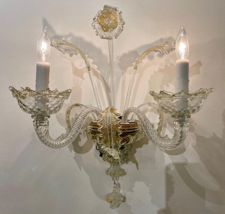 Lovely pair of vintage Murano glass 2-light sconces. Beautiful leaves and flowers made of Murano glass with touches of gold. Gorgeous!!