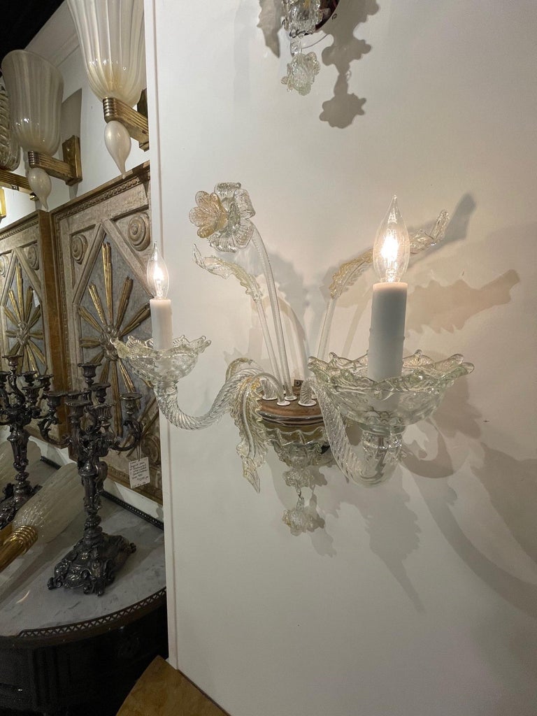 Pair of Vintage Italian Murano Glass 2-Light Sconces In Good Condition For Sale In Dallas, TX