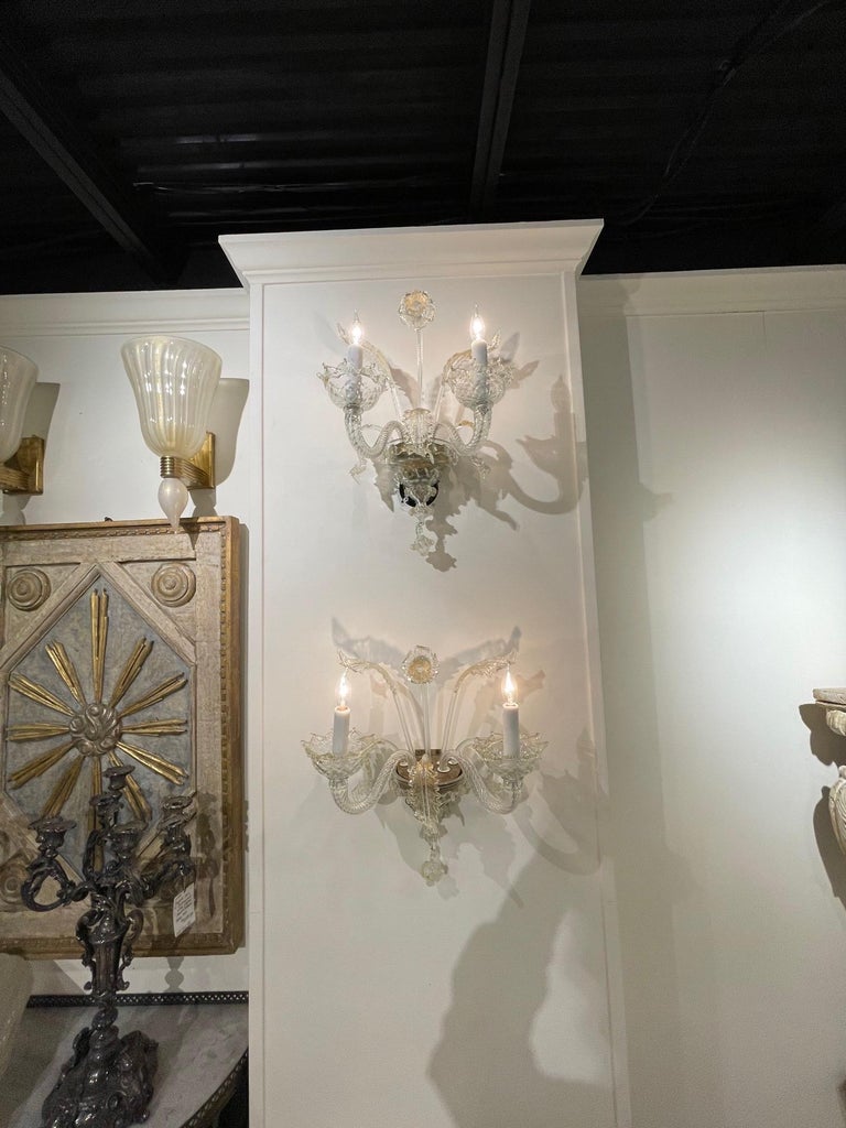 20th Century Pair of Vintage Italian Murano Glass 2-Light Sconces For Sale