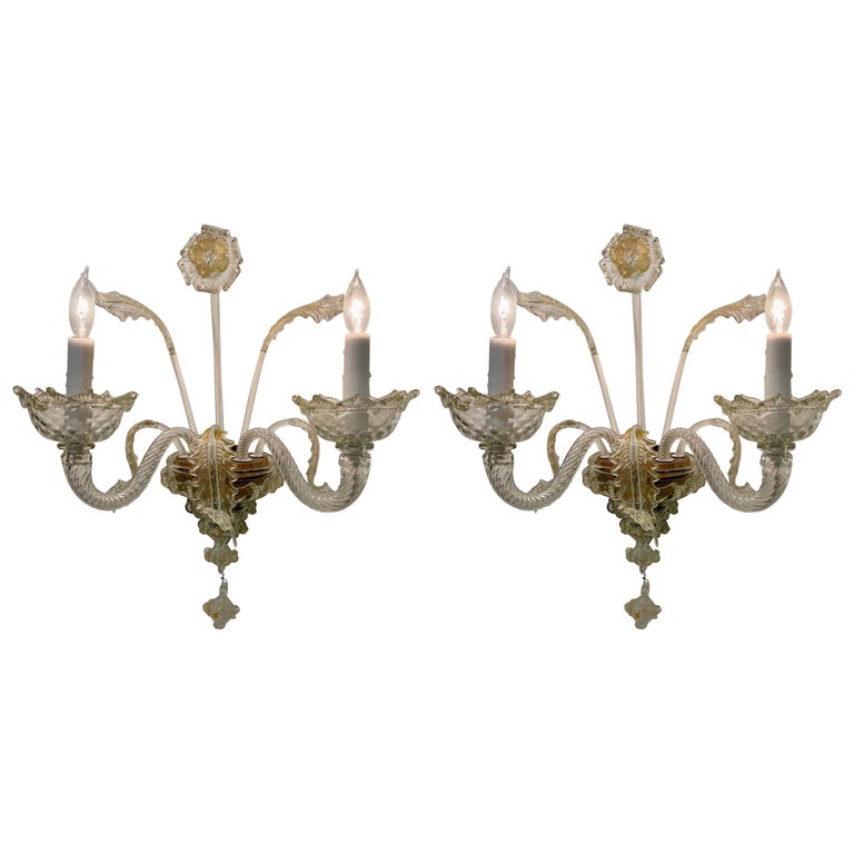 Pair of Vintage Italian Murano Glass 2-Light Sconces For Sale