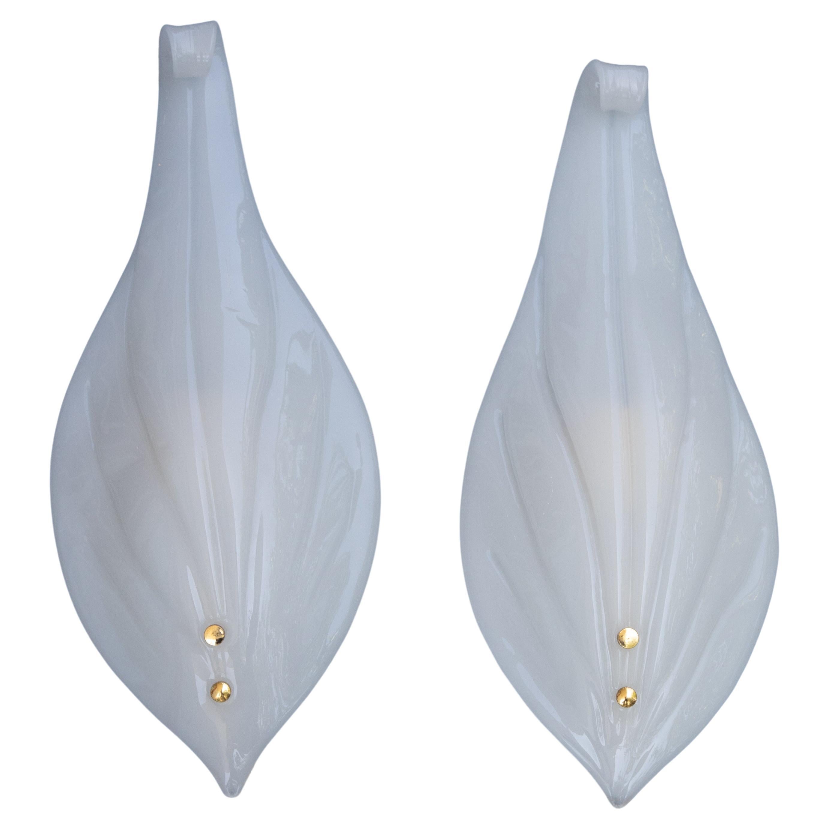 Pair of Vintage Italian Murano Glass Wall Sconces, White, 1970 For Sale